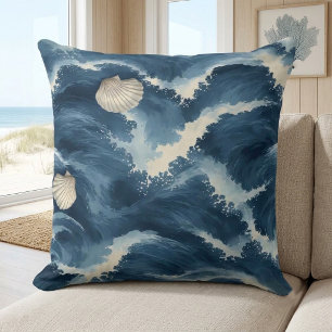 Ocean Life Coastal Dark Tides Beach House Seashell Cushion