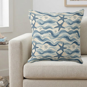 Ocean Life Coastal Tides Beach House Starfish Blue Cushion