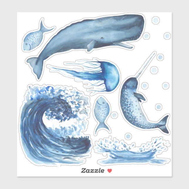 Ocean Life Narwhal Whale Fish Waves (Sheet)
