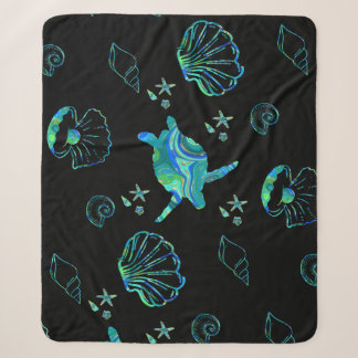 Ocean Life Sea Turtles Seashells Coastal Patterned Sherpa Blanket