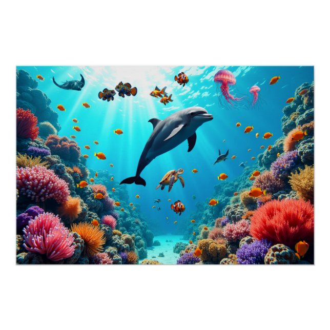 Ocean Life with Dolphin and Coral Reef Poster (Front)