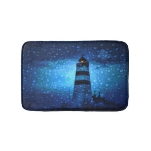 Ocean lighthouse a dark blue night with drops bath mat
