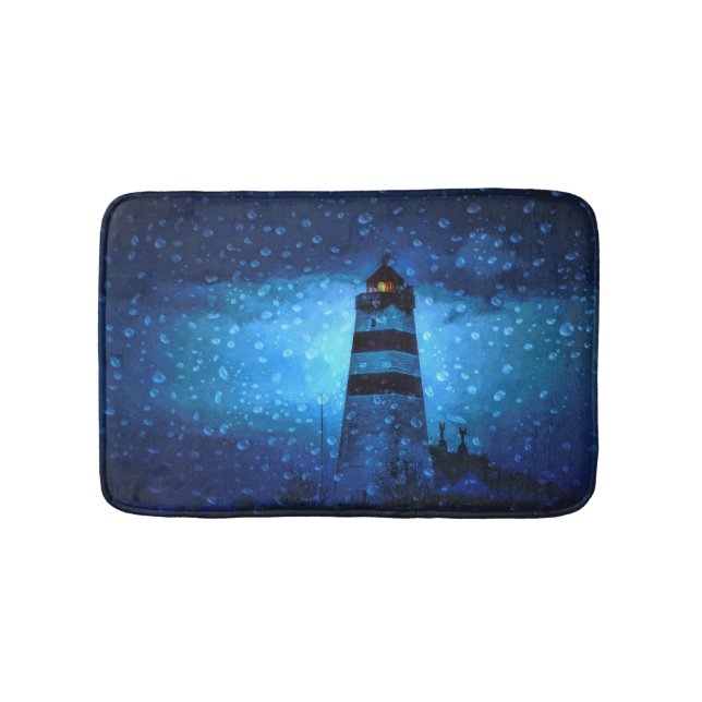 Ocean lighthouse a dark blue night with drops bath mat (Front)