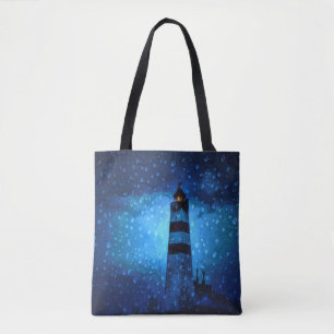 Ocean lighthouse a dark blue night with drops tote bag