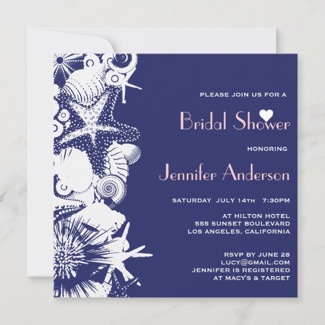 Ocean Love Navy Seashells Chic Bridal Shower Invitation (Front)