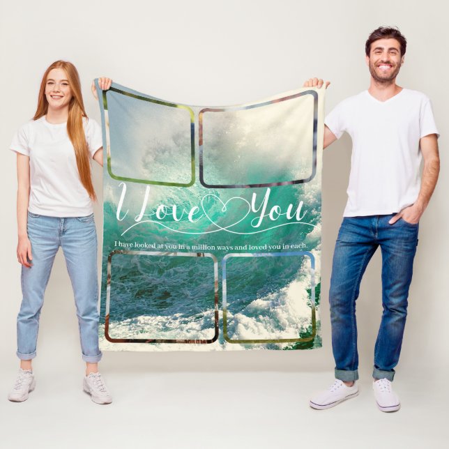 Ocean Love Photo collage Anniversary Valentine Fleece Blanket (In Situ)