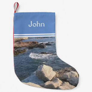 Ocean Lover's Blue Sea and Rocks Add Name to Small Christmas Stocking