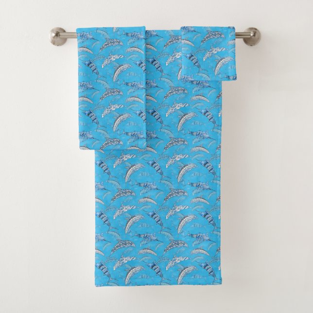 Ocean Marine Animals Dolphins Marlins Bath Towel Set (Insitu)