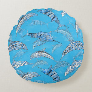 Ocean Marine Animals Dolphins Marlins Round Cushion
