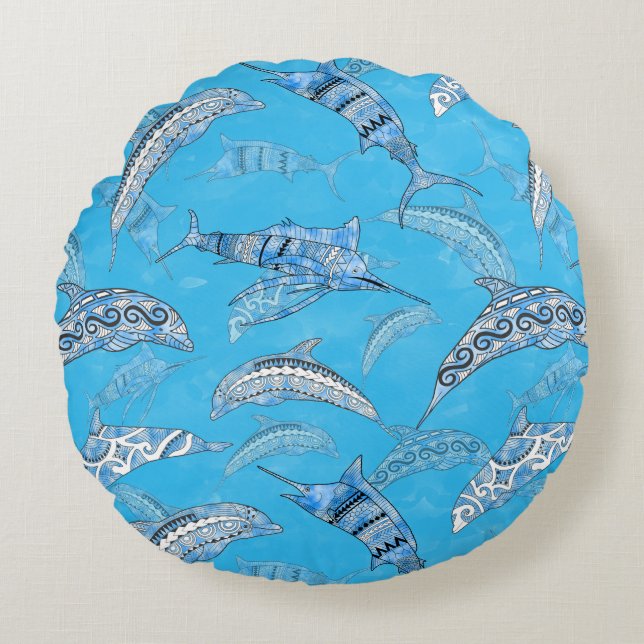 Ocean Marine Animals Dolphins Marlins Round Cushion (Front)