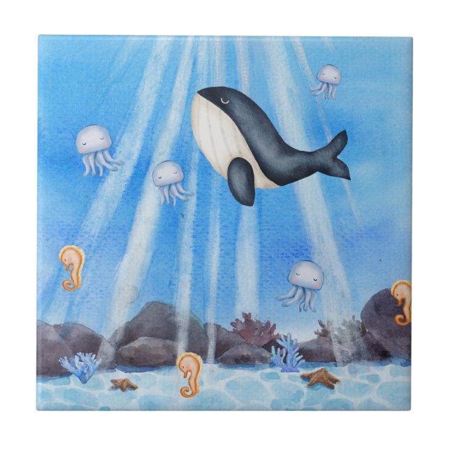 Ocean Marine Life Whale, Jellyfish and Coral  Tile (Front)