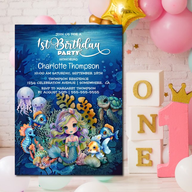 Ocean Mermaid 1st Birthday Party Invitation (Creator Uploaded)