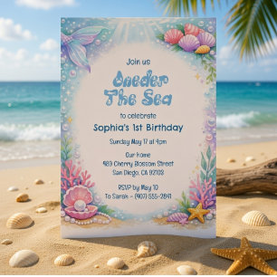 Ocean Mermaid Girls Oneder the Sea 1st Birthday  Invitation