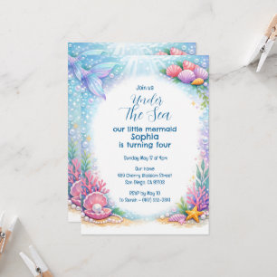 Ocean Mermaid Girls Under the Sea 4th Birthday  Invitation