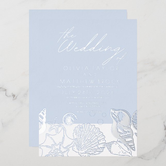 Ocean Modern Real Silver Foil Wedding Invitation (Front/Back)