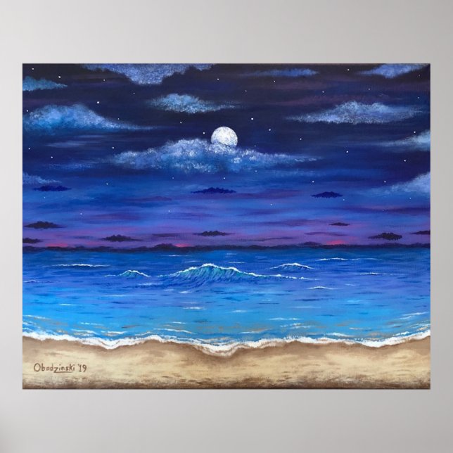 “Ocean Moon” Full Moon Beach Scene Poster Print (Front)