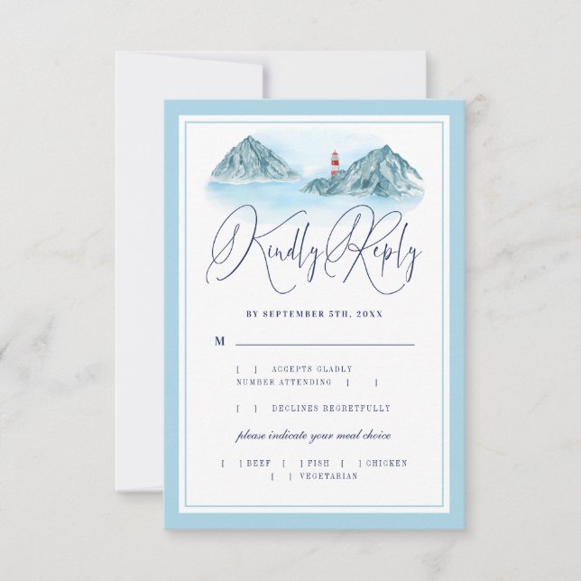 Ocean Mountain Lighthouse Light Blue Wedding Meal RSVP Card (Front)