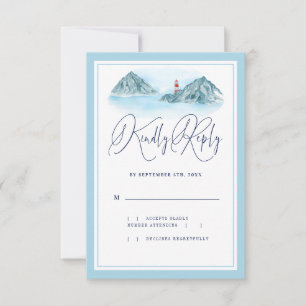Ocean Mountain Lighthouse Light Blue Wedding RSVP Card