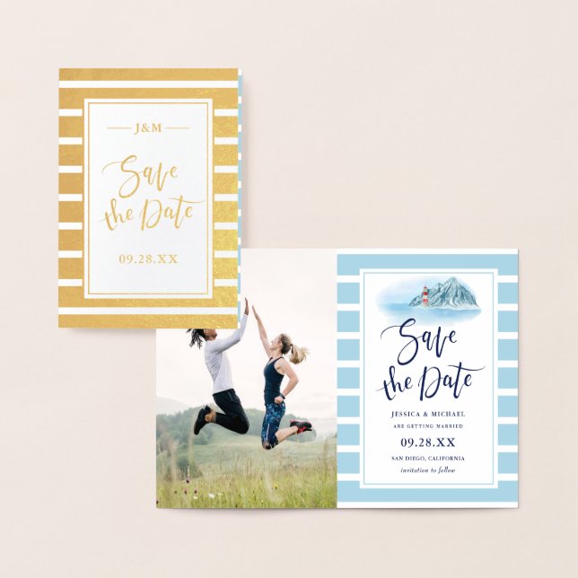 Ocean Mountain Lighthouse Wedding Save The Date Foil Card (Display)