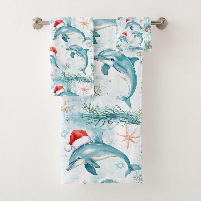 Ocean Nautical Christmas Santa Dolphin Pattern Bath Towel Set (Insitu)