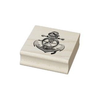 Ocean nautical ship wheel with anchor rubber stamp