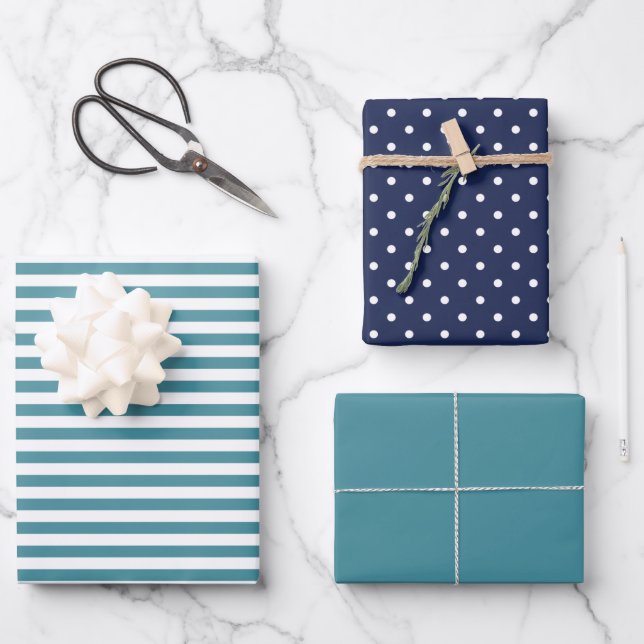 Ocean Navy Blue & Dark Cyan Stripe Polka Dot Plain Wrapping Paper Sheet (Front)