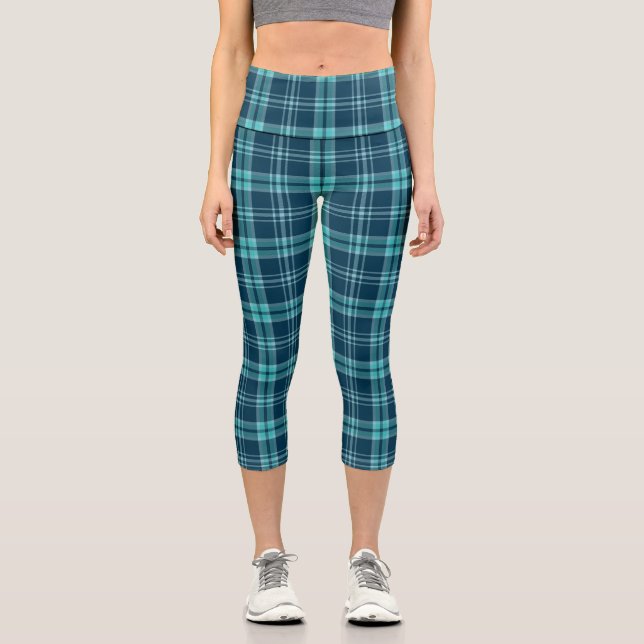 Ocean Neon Plaid Modern Seamless Pattern Capri Leggings (Front)