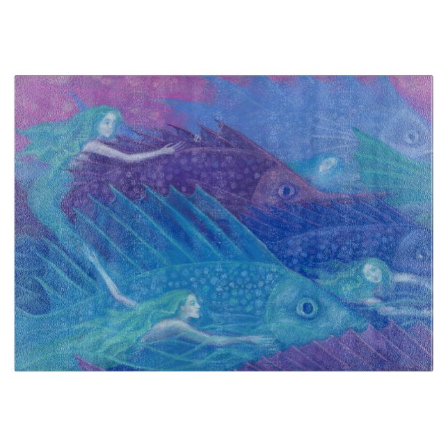 Ocean Nomads, Nautical Fantasy Art Mermaids & Fish Cutting Board (Front)