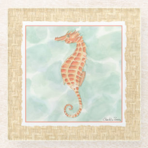 Ocean Orange Seahorse Glass Coaster