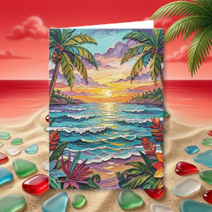 Ocean, Palm Trees and Sea Glass   Happy Birthday Card