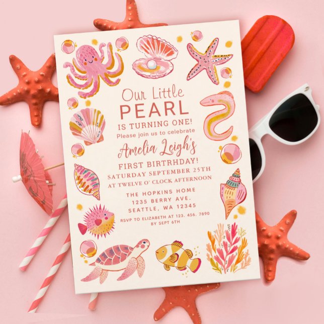 Ocean Pearl Sea Creatures Girl 1st Birthday Invitation (Creator Uploaded)