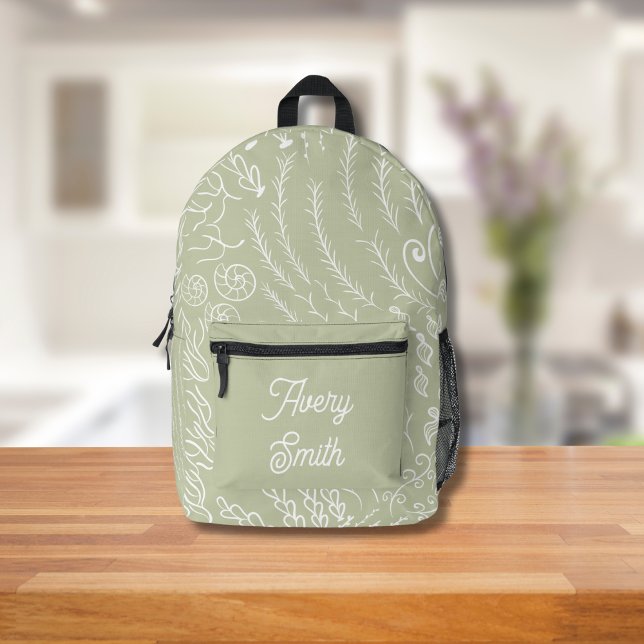 Ocean Print Backpack – Hand-Drawn Waves & Coral  (Sage Ocean Scene Backpack
)