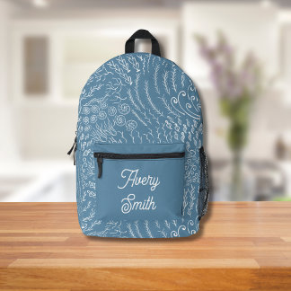 Ocean Print Backpack – Hand-Drawn Waves & Coral 