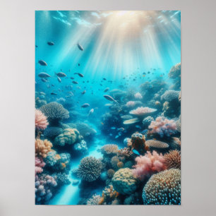 Ocean reef and sunbeams poster
