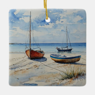 "Ocean Retreat". A Colourful Serene Boat Seascape Ceramic Ornament