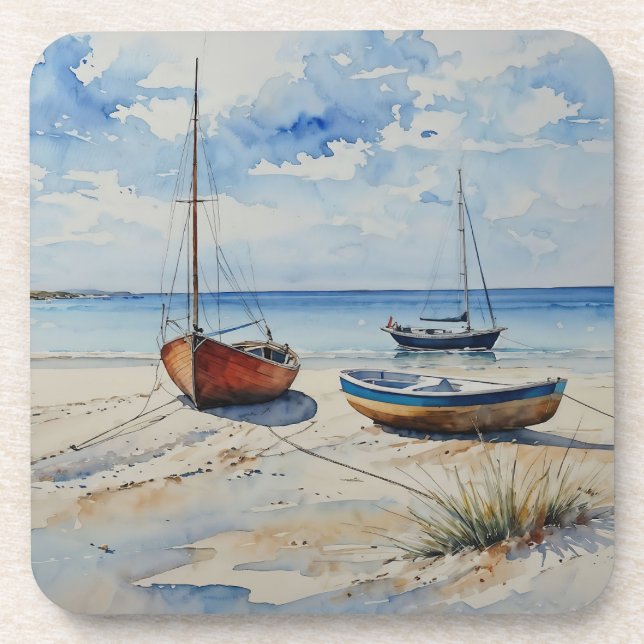 "Ocean Retreat". A Colourful Serene Boat Seascape Coaster (Front)