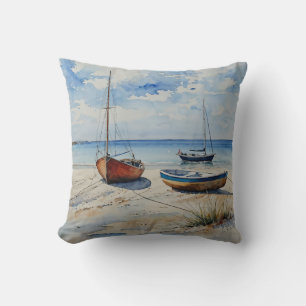 "Ocean Retreat". A Colourful Serene Boat Seascape Cushion