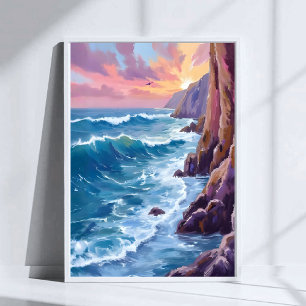 Ocean’s Breath Rocky Sea Sunset Coast Watercolor Poster