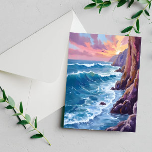 Ocean’s Breath Rocky Sea Sunset Watercolor Card