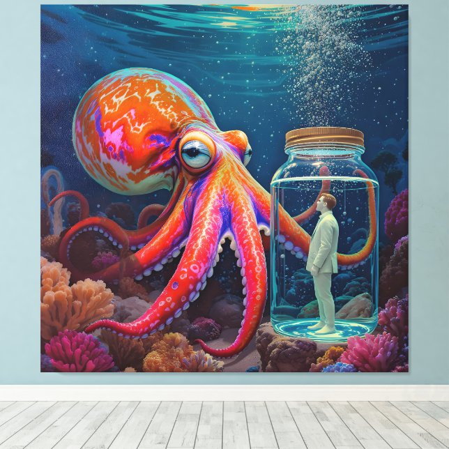 "Ocean’s Silent Captive" – Octopus Portrait Canvas Print (Insitu(Wood Floor))