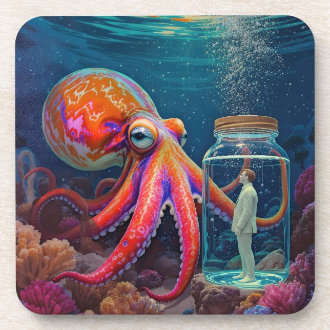 "Ocean’s Silent Captive" – Octopus Portrait Coaster (Front)