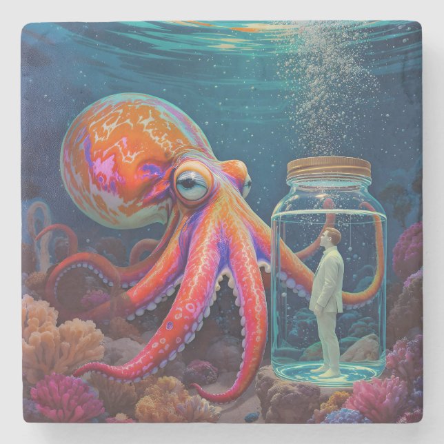 "Ocean’s Silent Captive" – Octopus Portrait Stone Coaster (Front)