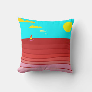 Ocean Sailboat Red Sea Yellow Sun and Clouds Cushion