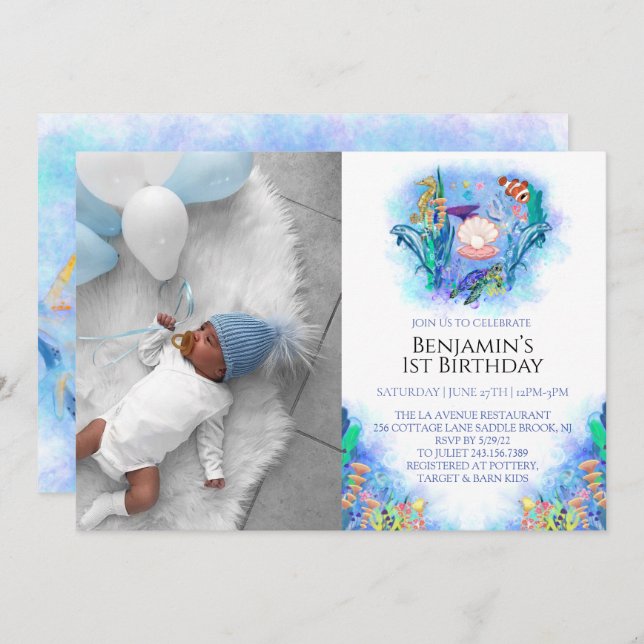 Ocean Sea Animals 1st Birthday  Invitation (Front/Back)