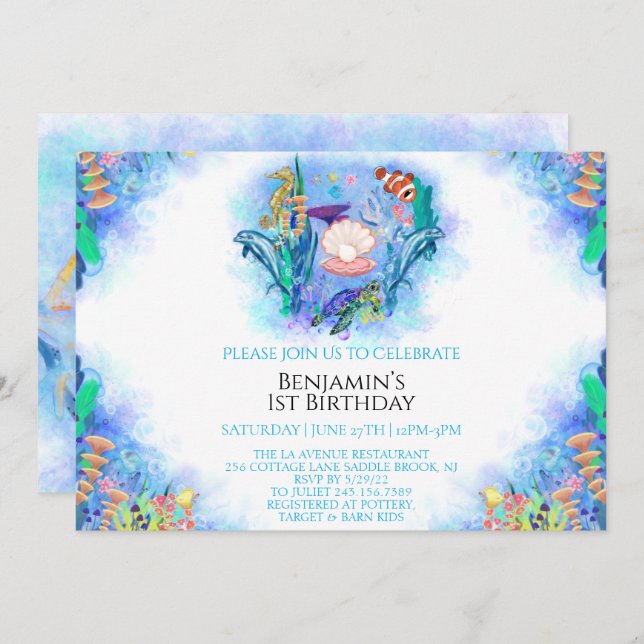 Ocean Sea Animals 1st Birthday  Invitation (Front/Back)