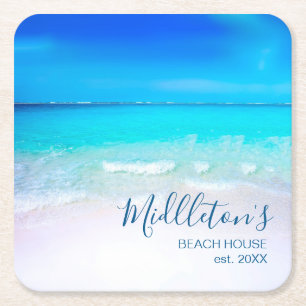  Ocean Sea Beach Blue Aqua Coastal Family Square Paper Coaster
