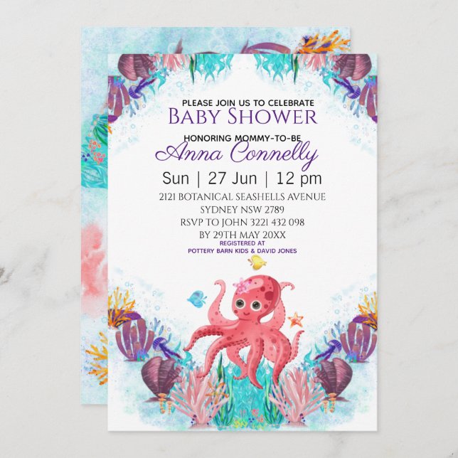 Ocean Sea Colourful Pink Octopus Baby Shower Invitation (Front/Back)