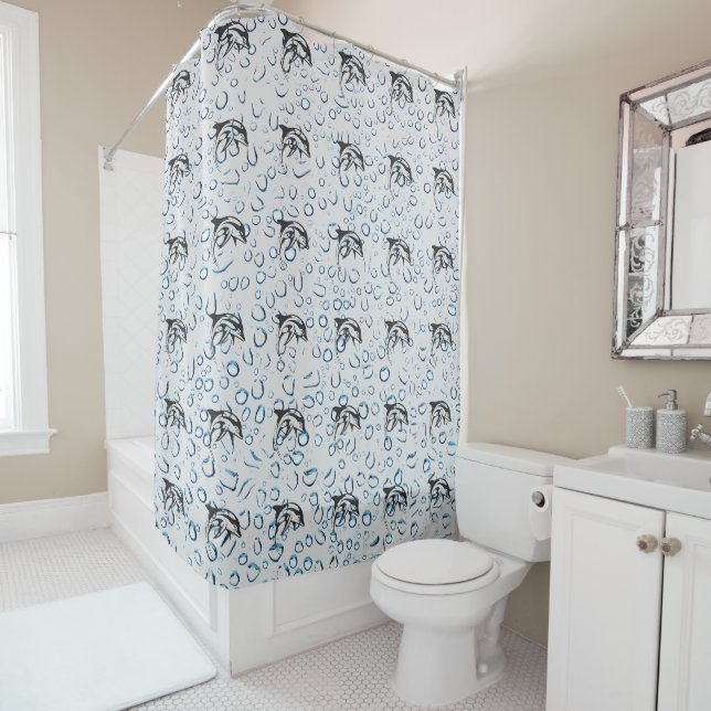Ocean Sea Dolphin World - Grey Shower Curtain (In Situ)