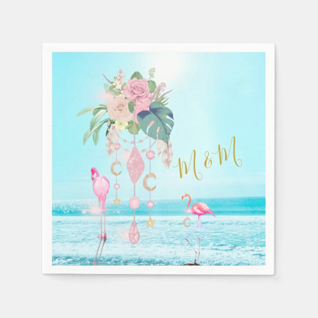 Ocean Sea Flamingo Floral Jewels Pink  Napkin (Front)