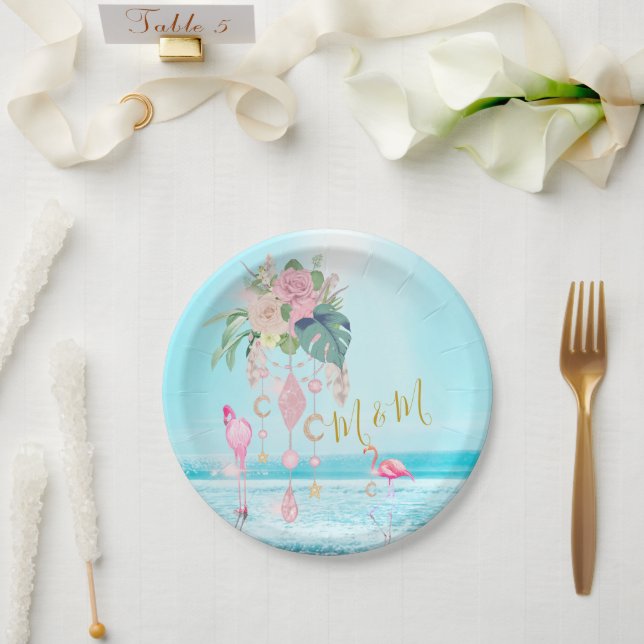 Ocean Sea Flamingo Floral Jewels Pink  Paper Plate (Wedding)